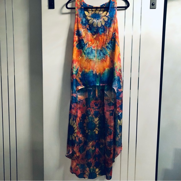 S Twelve Large Vibrant Semi Sheer Topper Paired with Royal Blue MIDI Sundress - Picture 10 of 12